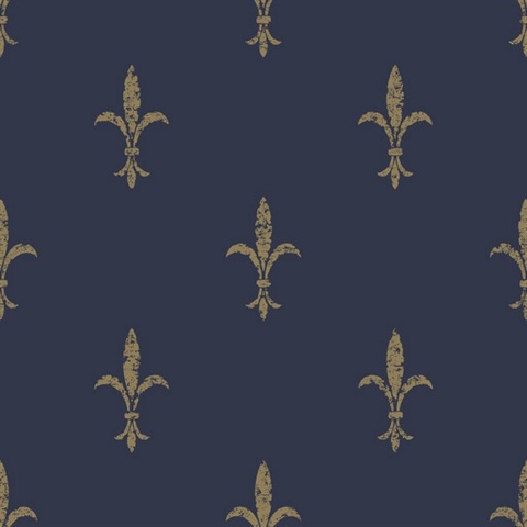 Navy Blue &amp; Gold Fleur De Lis Wallpaper
