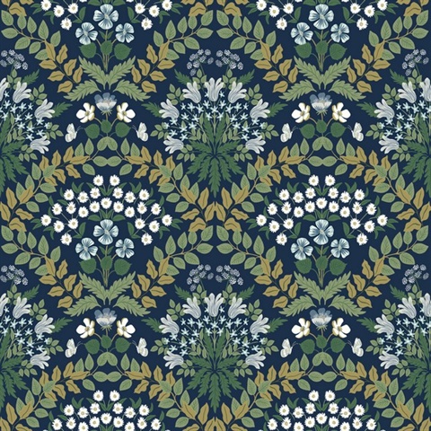 Navy Blue & Green Bramble Abtract Floral Leaf Wallpaper