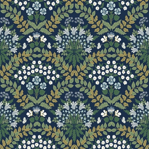 Navy Blue & Green Bramble Abtract Floral Leaf Wallpaper