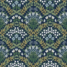 Navy Blue & Green Bramble Abtract Floral Leaf Wallpaper