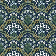 Navy Blue & Green Bramble Abtract Floral Leaf Wallpaper