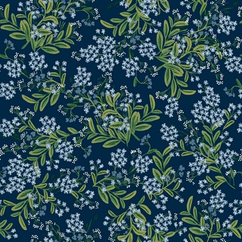 Navy Blue & Green Cornflower Floral Blooms Wallpaper