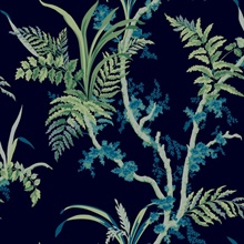 Navy Blue & Green Enchanted Tropical Tree Fern Wallpaper