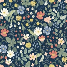 Navy Blue & Green Strawberry Fields Bright Floral Wallpaper