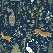 Navy Blue & Lime Green Menagerie Animal Forest Themed Wallpaper
