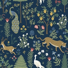 Navy Blue &amp; Lime Green Menagerie Animal Forest Themed Wallpaper