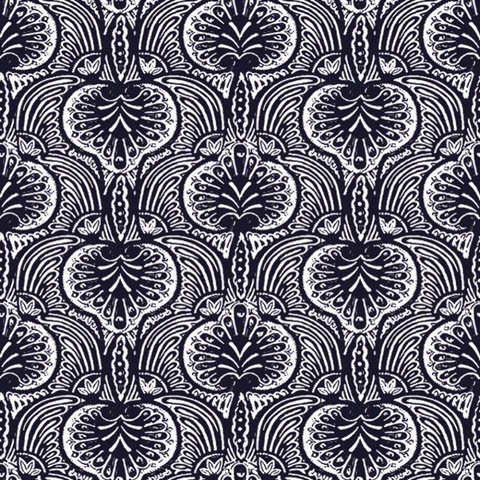 Navy Blue Lotus Palm Paisley Wallpaper