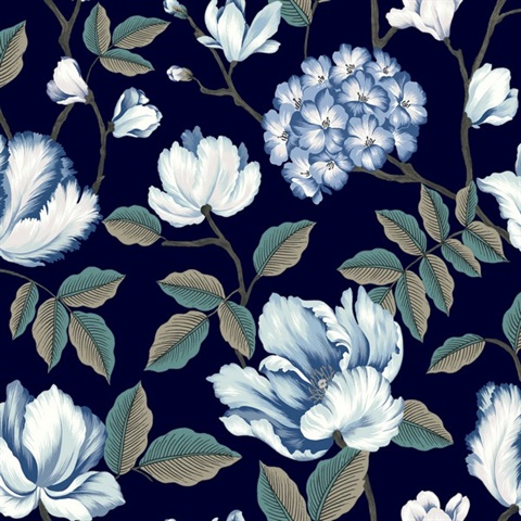 Navy Blue Morning Garden Tulip & Hydrangea Floral Wallpaper