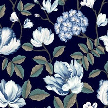 Navy Blue Morning Garden Tulip &amp; Hydrangea Floral Wallpaper