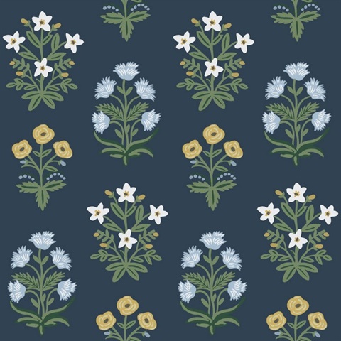 Navy Blue & Purple Mughal Rose Floral Block Print Wallpaper