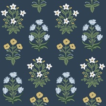 Navy Blue & Purple Mughal Rose Floral Block Print Wallpaper