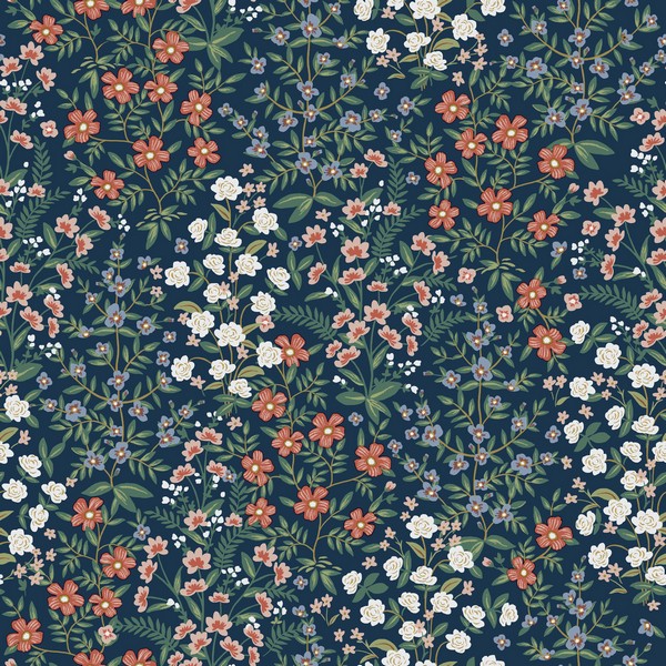 RP7376 | Navy Blue & Red Wildwood Garden Floral Wallpaper