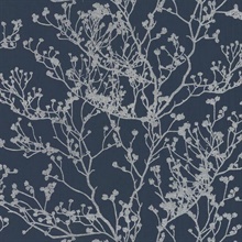 Navy Blue & Silver Budding Tree Branch Silhouette Wallpaper