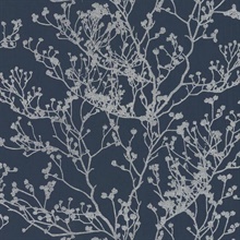 Navy Blue &amp; Silver Budding Tree Branch Silhouette Wallpaper