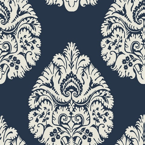 Navy Blue Teardrop Classic Damask Wallpaper