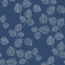 Navy Blue & White Linework Leaves Wallpaper