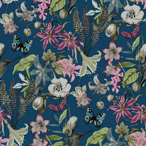 Navy Butterflies with Floral & Leaf Wallpaper