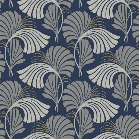 Navy Dancing Leaf Wallpaper