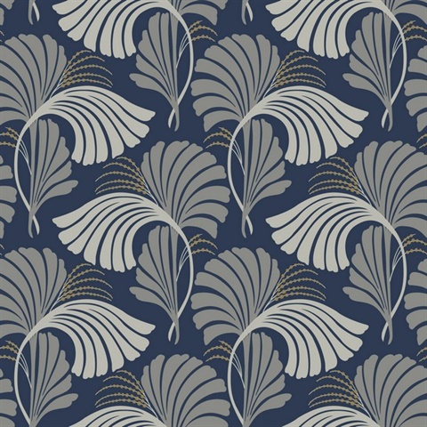 Navy Dancing Leaf Wallpaper