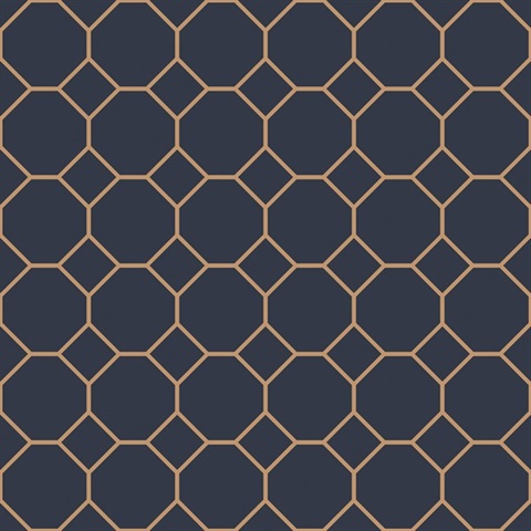 Navy & Gold Geometric Hexagon Bee Hive Wallpaper