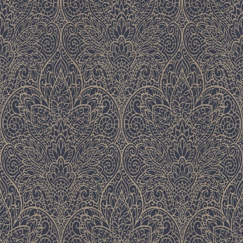 Navy & Gold Metallic Foil Paradise Floral Wallpaper