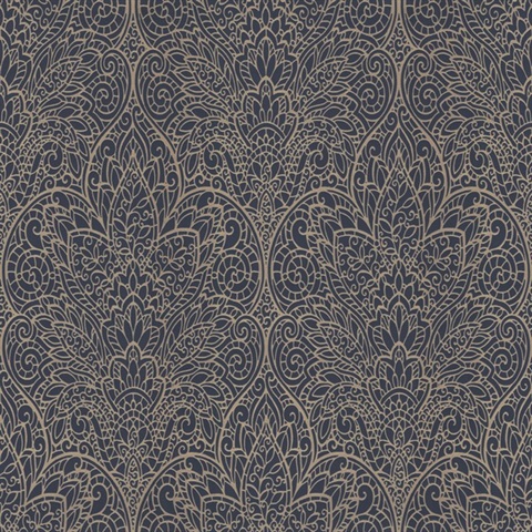 Navy & Gold Metallic Foil Paradise Floral Wallpaper