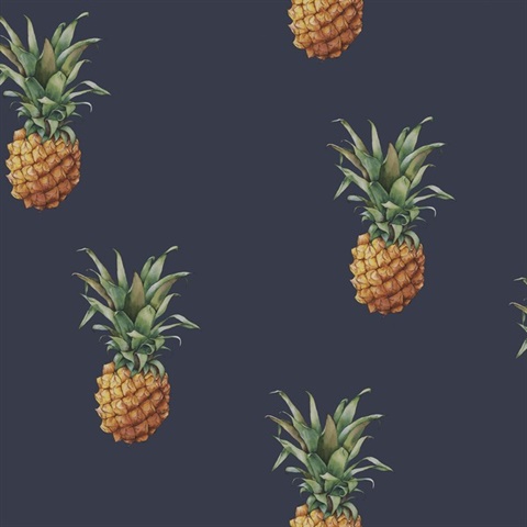 Navy Medium Sized Illusatrated Pineapples Wallpaper