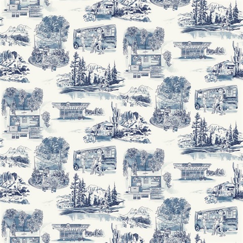 Navy Modern Vista Toile Wallpaper