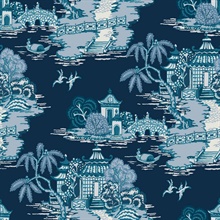 Navy Pagoda Scenic Asian Toile Wallpaper