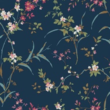 Navy Painterly Floral &amp; Leaf  Wallpaper