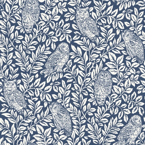 Navy Parliament Navy Owl on Leaf Wallpaper