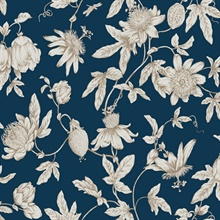 Navy Passion Flower Toile Wallpaper