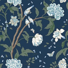 Navy Screenprint & Painted Floral & Leaf Wallpaper