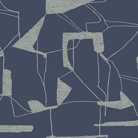 Navy & Silver Large Metallic Abstract Geometric  Wallpaper