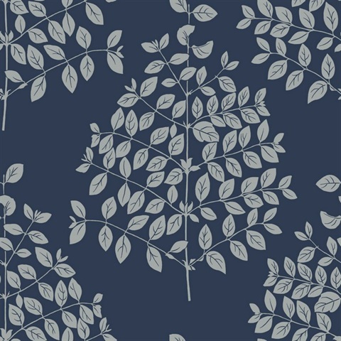 Navy & Silver Tender Block Print Metallic Leaf Branch Wallpaper