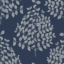 Navy &amp; Silver Tender Block Print Metallic Leaf Branch Wallpaper