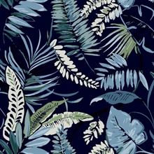 Navy Tropical Toss Leaf &amp; Fern Floral Wallpaper