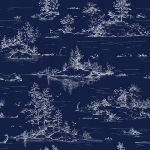 Nessie Novelty Toile Navy Ground Peel and Stick Wallpaper