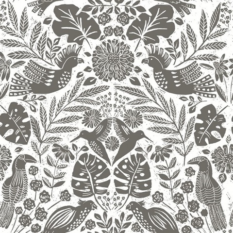 Nestle Charcoal Bird Block Print Wallpaper