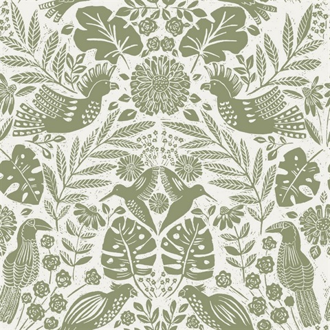 Nestle Green Bird Block Print Wallpaper