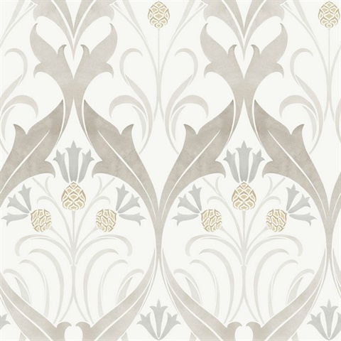 Neutral Pine Cone Ribbon Damask Wallpaper