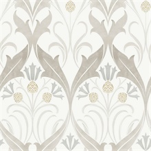 Neutral Pine Cone Ribbon Damask Wallpaper