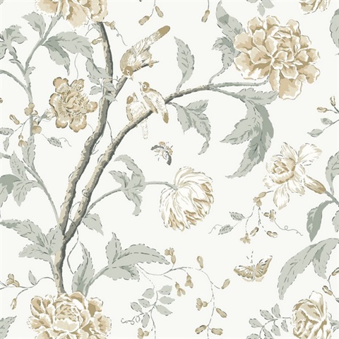 Neutral Screenprint & Painted Floral & Leaf Wallpaper