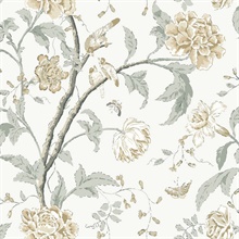 Neutral Screenprint &amp; Painted Floral &amp; Leaf Wallpaper