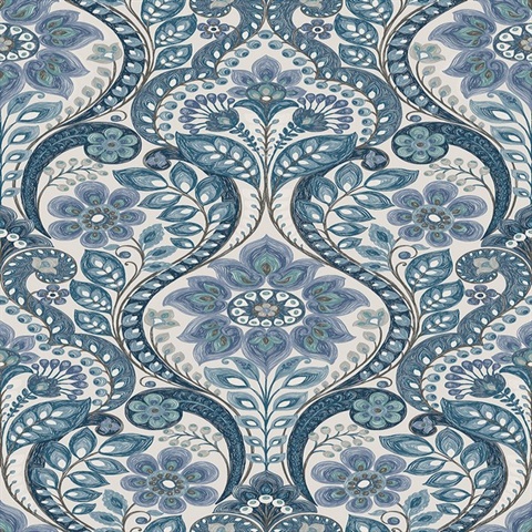 2763-12102 | Night Bloom Blue Damask Wallpaper | Wallpaper Boulevard