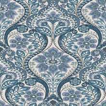 Night Bloom Blue Damask Wallpaper