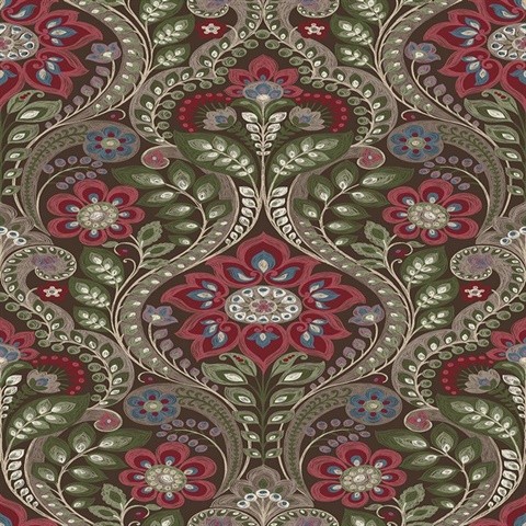 Night Bloom Chocolate Damask Wallpaper