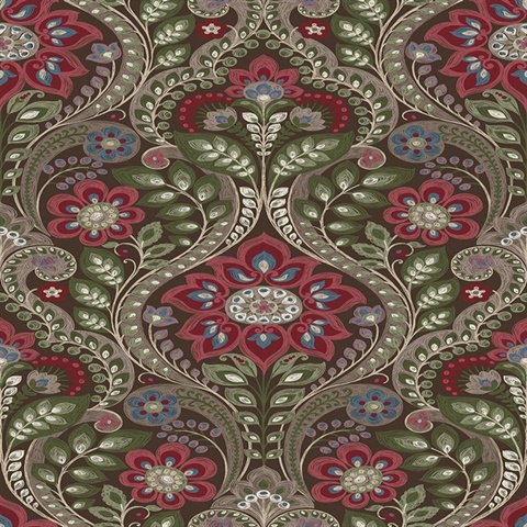 Night Bloom Chocolate Damask Wallpaper