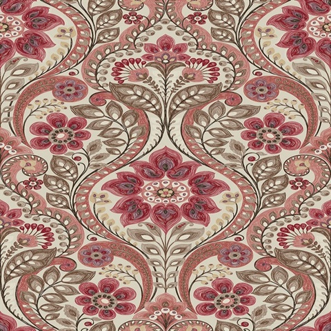 Night Bloom Coral Damask Wallpaper