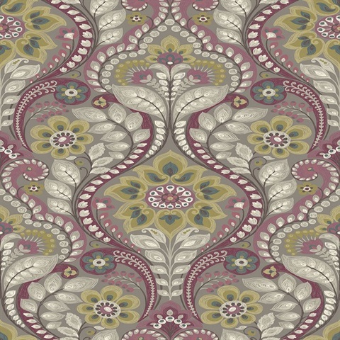 Night Bloom Grey Damask Wallpaper